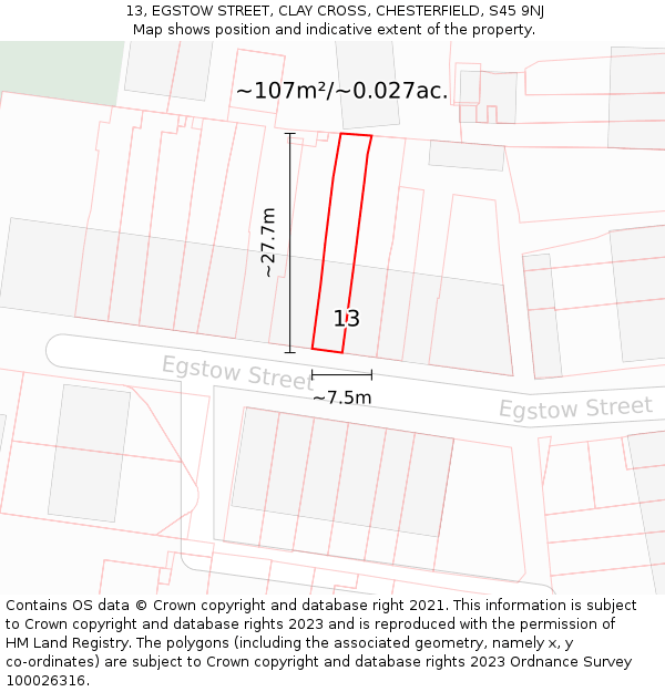 13, EGSTOW STREET, CLAY CROSS, CHESTERFIELD, S45 9NJ: Plot and title map