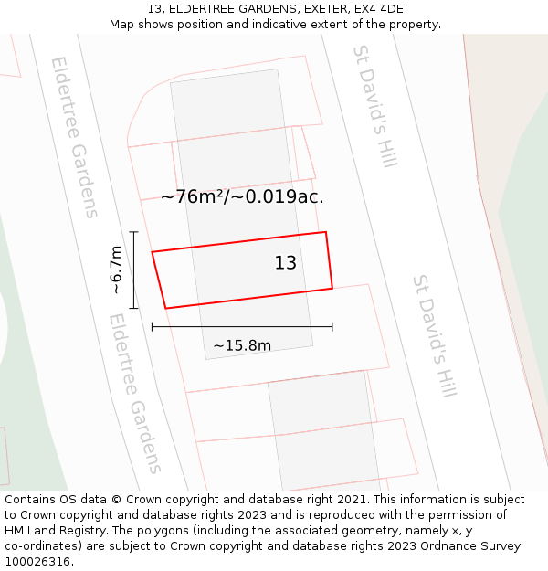 13, ELDERTREE GARDENS, EXETER, EX4 4DE: Plot and title map