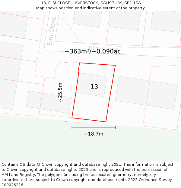 13, ELM CLOSE, LAVERSTOCK, SALISBURY, SP1 1SA: Plot and title map