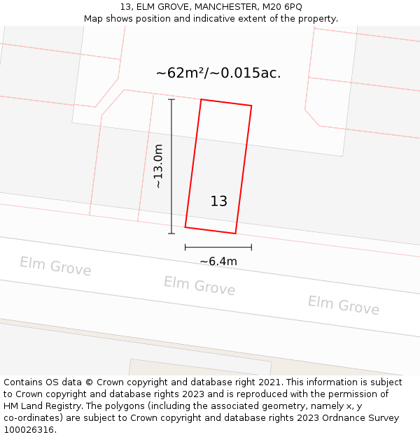 13, ELM GROVE, MANCHESTER, M20 6PQ: Plot and title map