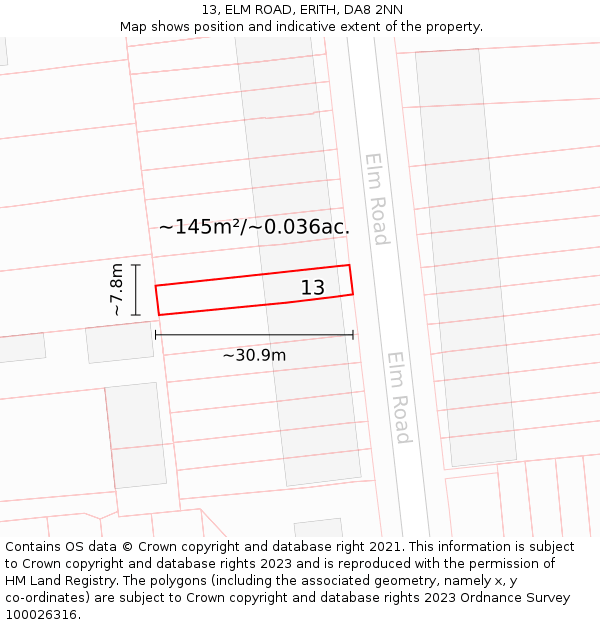 13, ELM ROAD, ERITH, DA8 2NN: Plot and title map