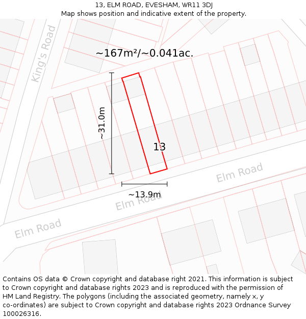 13, ELM ROAD, EVESHAM, WR11 3DJ: Plot and title map