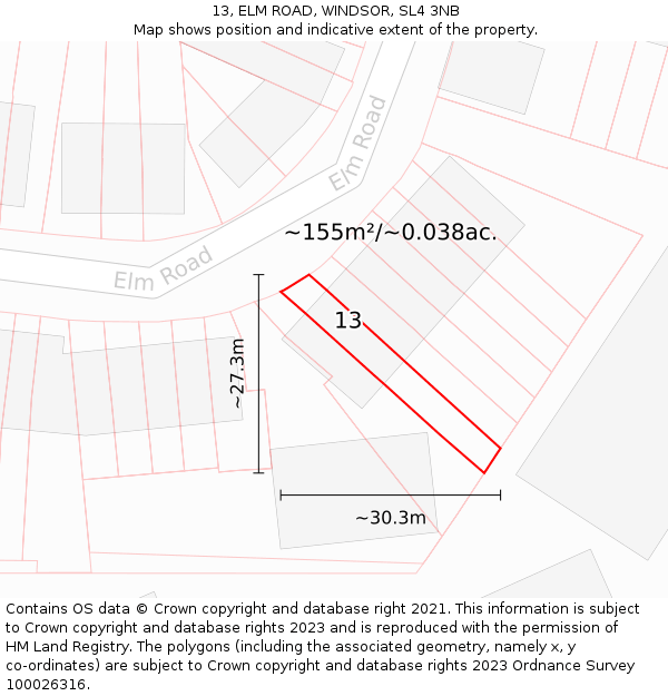 13, ELM ROAD, WINDSOR, SL4 3NB: Plot and title map