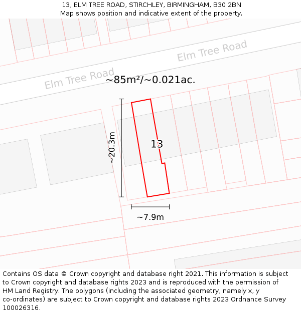 13, ELM TREE ROAD, STIRCHLEY, BIRMINGHAM, B30 2BN: Plot and title map