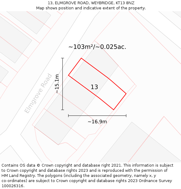 13, ELMGROVE ROAD, WEYBRIDGE, KT13 8NZ: Plot and title map
