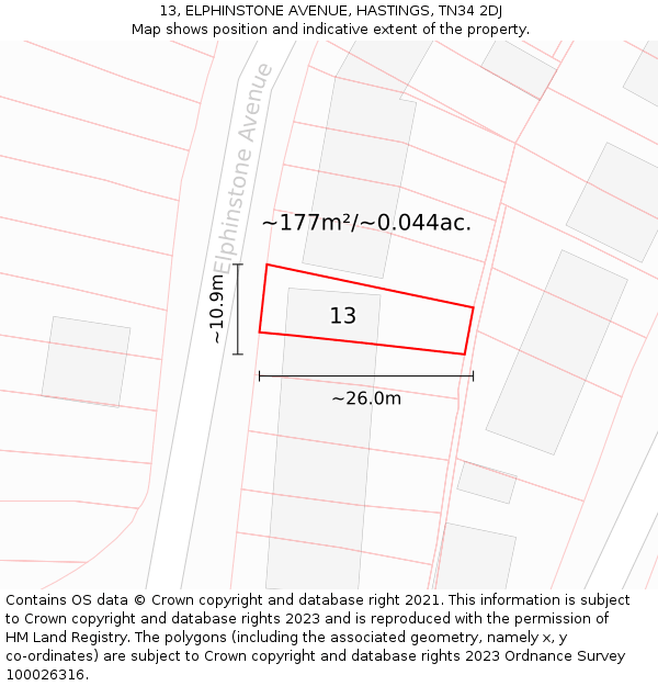 13, ELPHINSTONE AVENUE, HASTINGS, TN34 2DJ: Plot and title map