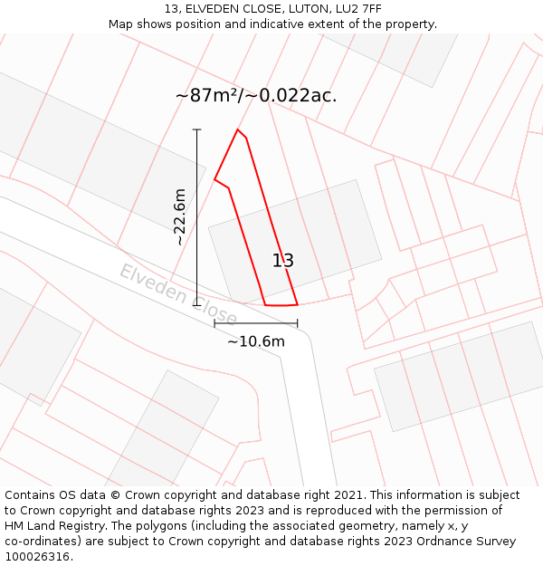 13, ELVEDEN CLOSE, LUTON, LU2 7FF: Plot and title map