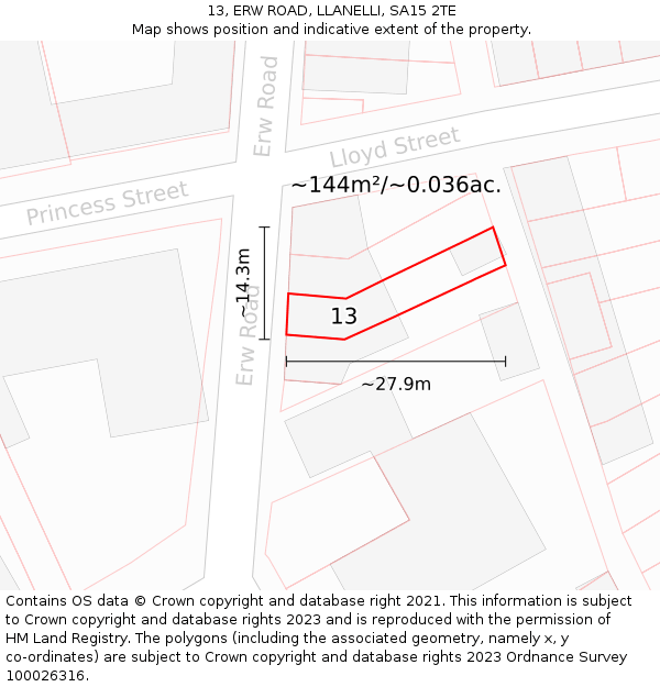 13, ERW ROAD, LLANELLI, SA15 2TE: Plot and title map