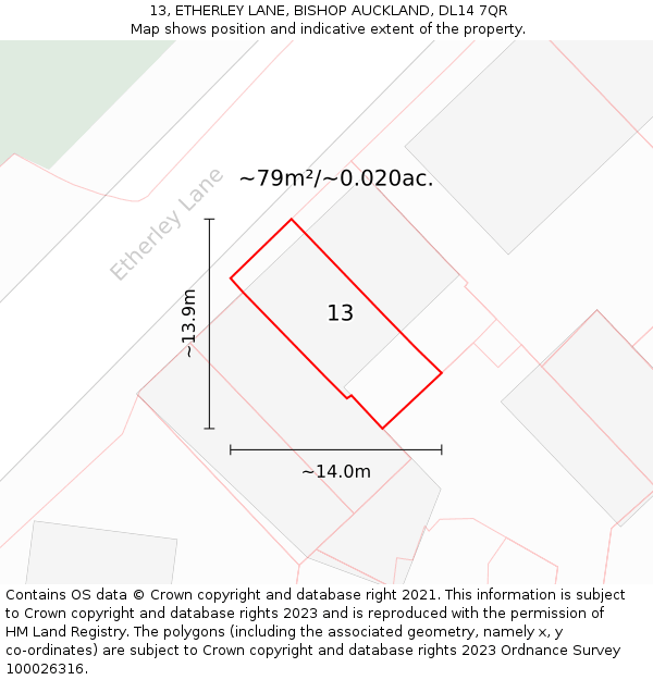 13, ETHERLEY LANE, BISHOP AUCKLAND, DL14 7QR: Plot and title map