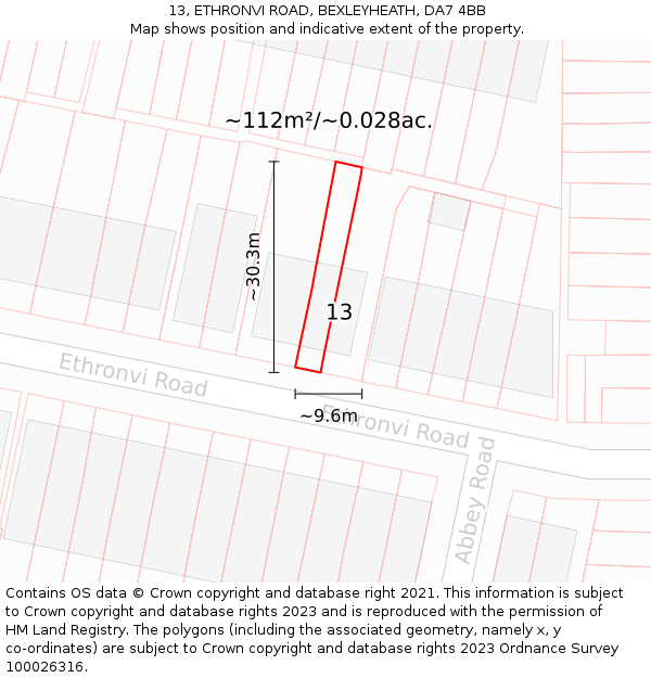 13, ETHRONVI ROAD, BEXLEYHEATH, DA7 4BB: Plot and title map