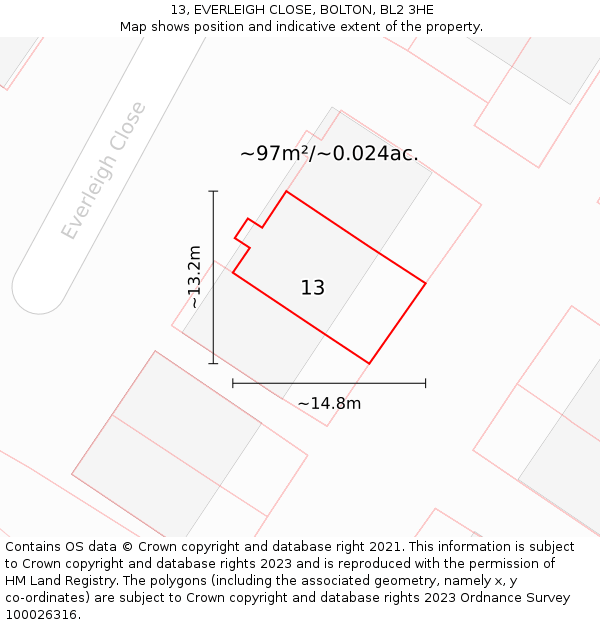 13, EVERLEIGH CLOSE, BOLTON, BL2 3HE: Plot and title map