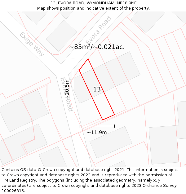 13, EVORA ROAD, WYMONDHAM, NR18 9NE: Plot and title map