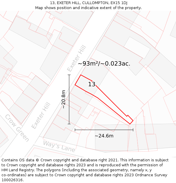 13, EXETER HILL, CULLOMPTON, EX15 1DJ: Plot and title map