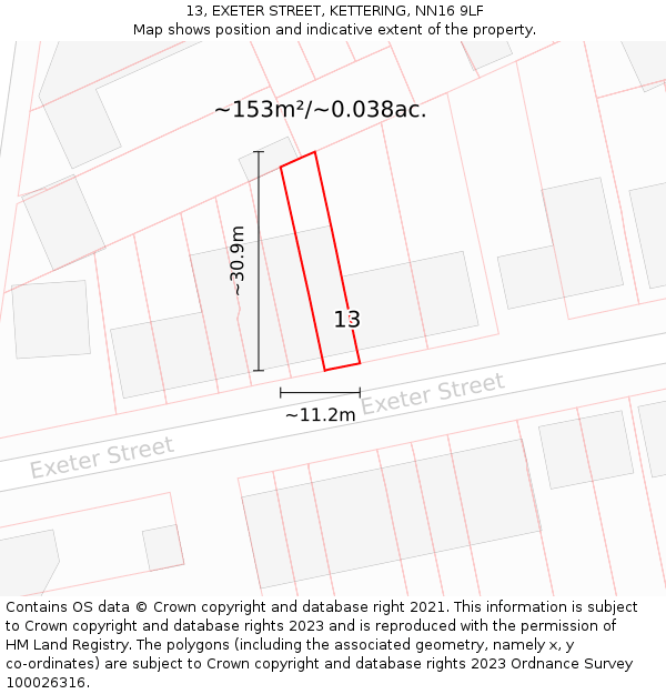 13, EXETER STREET, KETTERING, NN16 9LF: Plot and title map