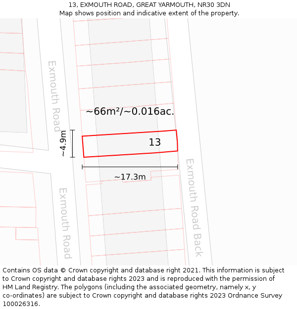 13, EXMOUTH ROAD, GREAT YARMOUTH, NR30 3DN: Plot and title map