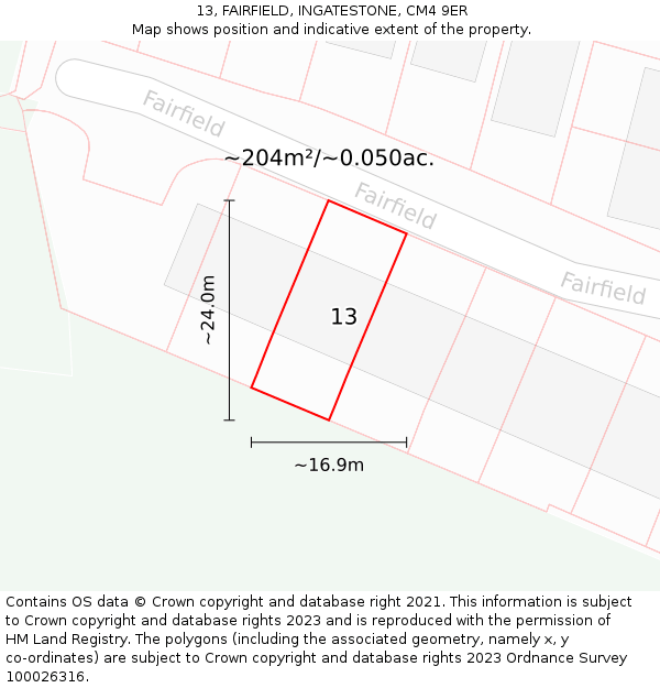 13, FAIRFIELD, INGATESTONE, CM4 9ER: Plot and title map