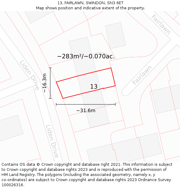 13, FAIRLAWN, SWINDON, SN3 6ET: Plot and title map