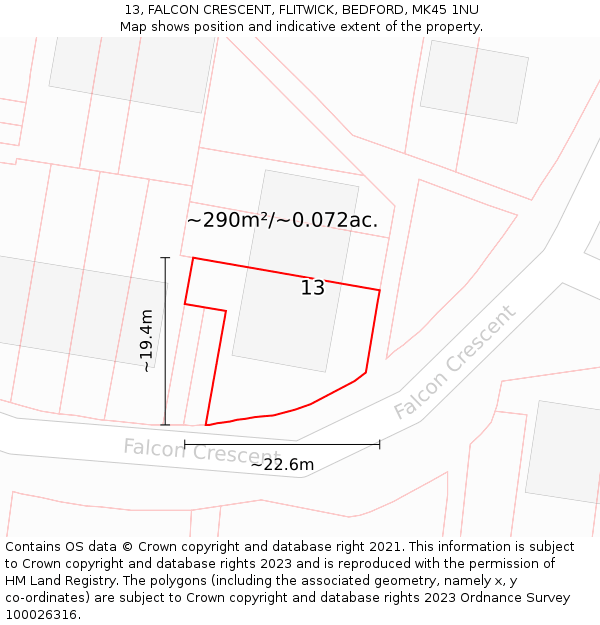 13, FALCON CRESCENT, FLITWICK, BEDFORD, MK45 1NU: Plot and title map
