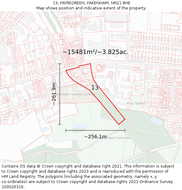 13, FAYREGREEN, FAKENHAM, NR21 8HE: Plot and title map