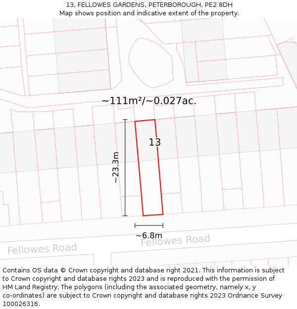 13, FELLOWES GARDENS, PETERBOROUGH, PE2 8DH: Plot and title map