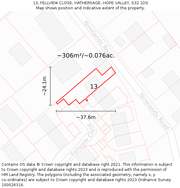 13, FELLVIEW CLOSE, HATHERSAGE, HOPE VALLEY, S32 1DS: Plot and title map