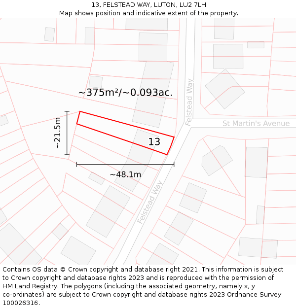 13, FELSTEAD WAY, LUTON, LU2 7LH: Plot and title map