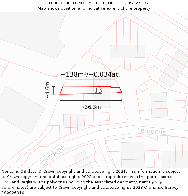 13, FERNDENE, BRADLEY STOKE, BRISTOL, BS32 9DG: Plot and title map