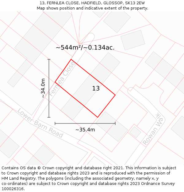 13, FERNLEA CLOSE, HADFIELD, GLOSSOP, SK13 2EW: Plot and title map