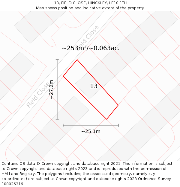 13, FIELD CLOSE, HINCKLEY, LE10 1TH: Plot and title map