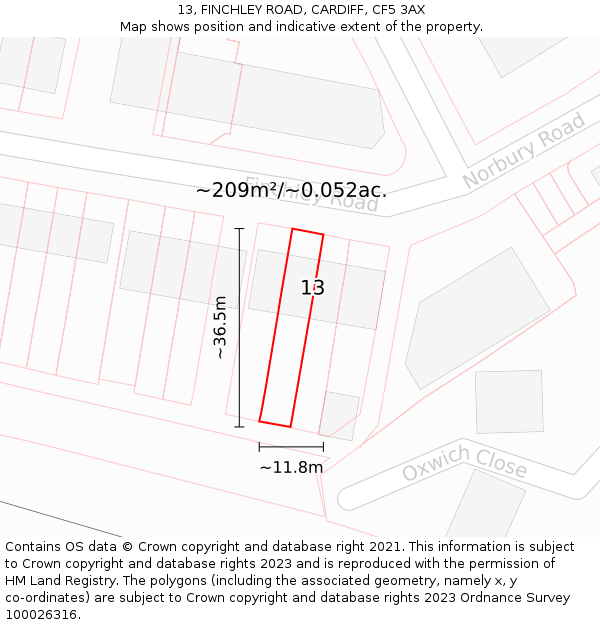 13, FINCHLEY ROAD, CARDIFF, CF5 3AX: Plot and title map