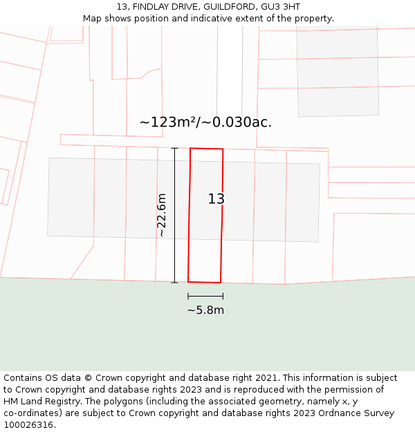13, FINDLAY DRIVE, GUILDFORD, GU3 3HT: Plot and title map