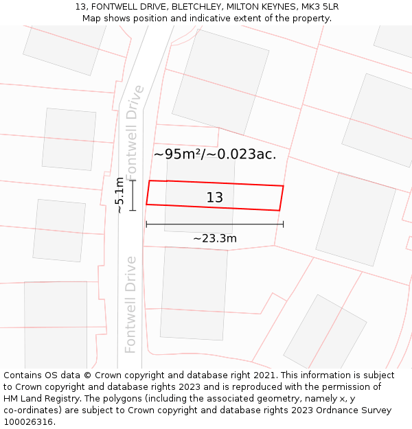 13, FONTWELL DRIVE, BLETCHLEY, MILTON KEYNES, MK3 5LR: Plot and title map