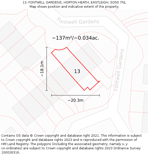 13, FONTWELL GARDENS, HORTON HEATH, EASTLEIGH, SO50 7NL: Plot and title map