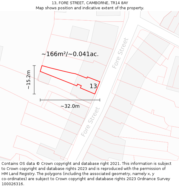 13, FORE STREET, CAMBORNE, TR14 8AY: Plot and title map