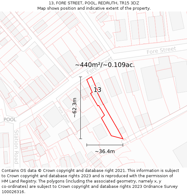 13, FORE STREET, POOL, REDRUTH, TR15 3DZ: Plot and title map