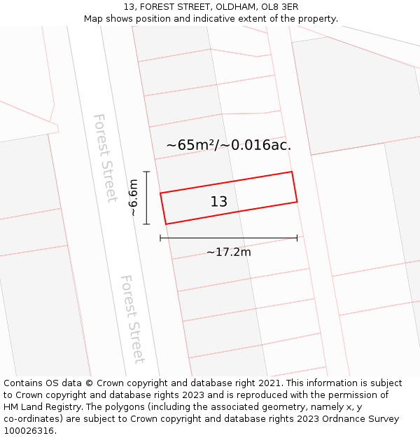 13, FOREST STREET, OLDHAM, OL8 3ER: Plot and title map
