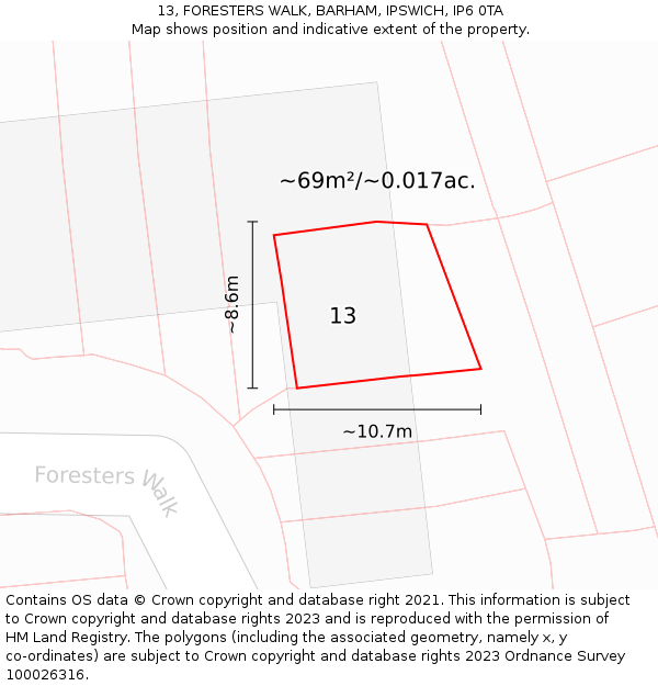 13, FORESTERS WALK, BARHAM, IPSWICH, IP6 0TA: Plot and title map