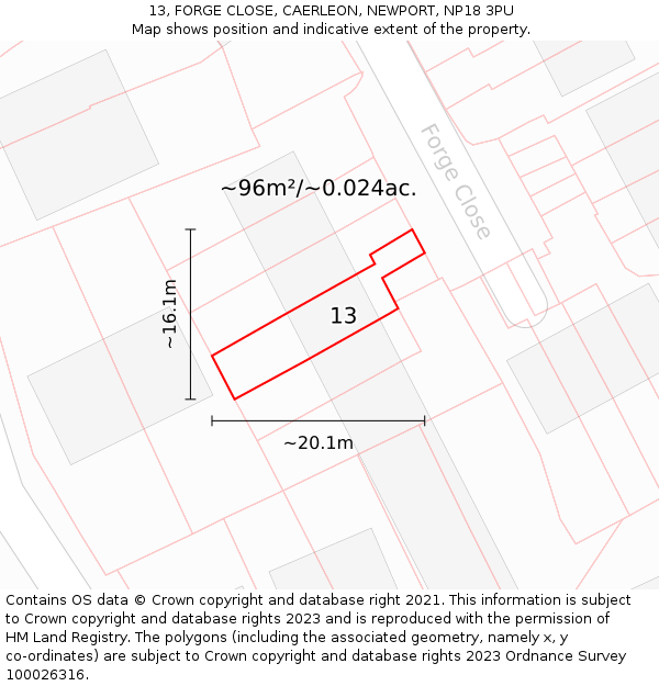 13, FORGE CLOSE, CAERLEON, NEWPORT, NP18 3PU: Plot and title map