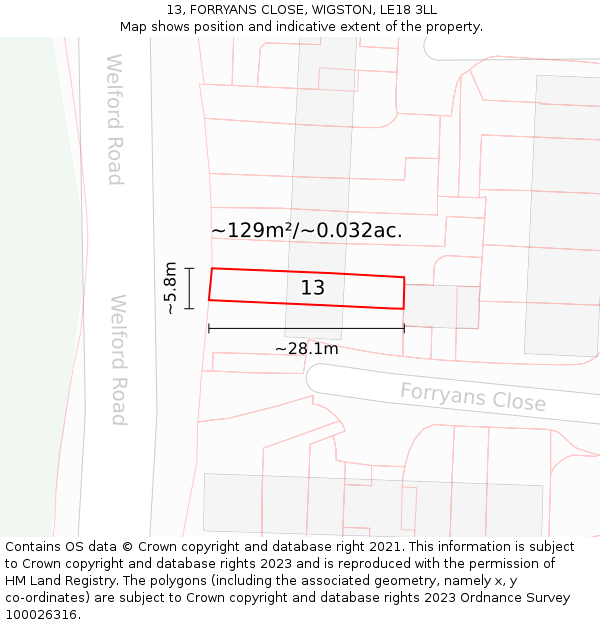 13, FORRYANS CLOSE, WIGSTON, LE18 3LL: Plot and title map
