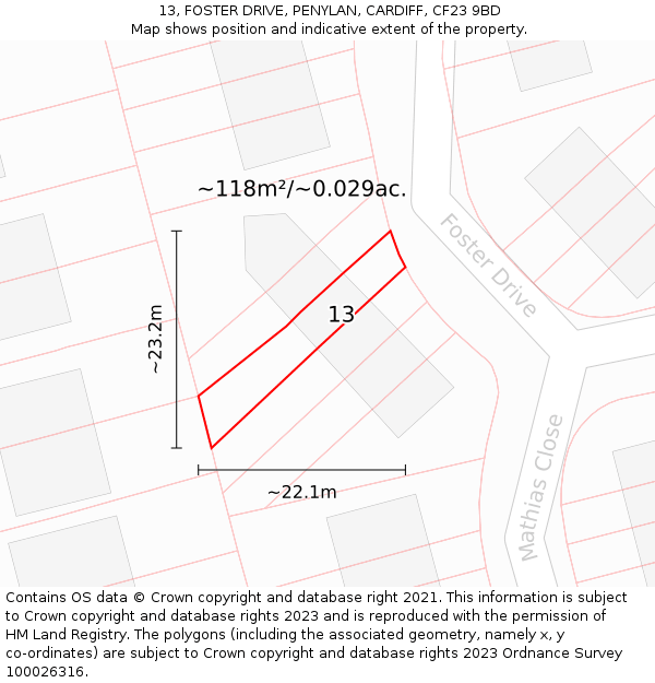 13, FOSTER DRIVE, PENYLAN, CARDIFF, CF23 9BD: Plot and title map