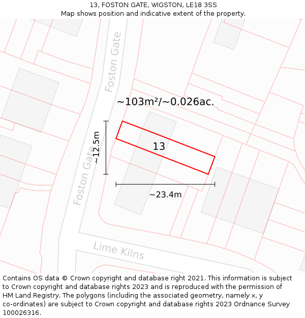 13, FOSTON GATE, WIGSTON, LE18 3SS: Plot and title map