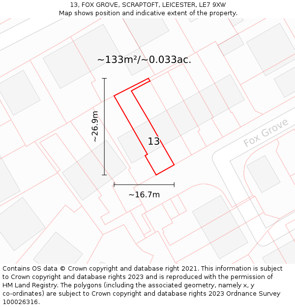 13, FOX GROVE, SCRAPTOFT, LEICESTER, LE7 9XW: Plot and title map