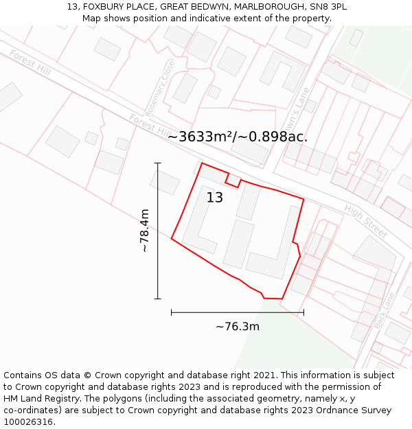 13, FOXBURY PLACE, GREAT BEDWYN, MARLBOROUGH, SN8 3PL: Plot and title map