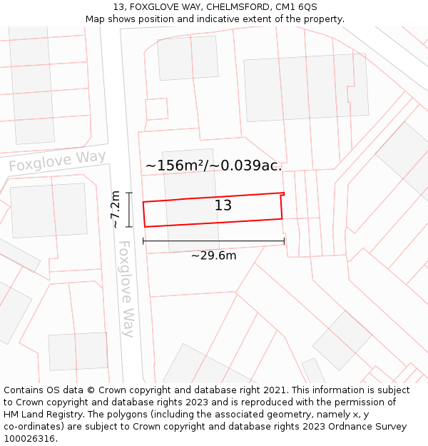 13, FOXGLOVE WAY, CHELMSFORD, CM1 6QS: Plot and title map