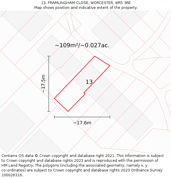 13, FRAMLINGHAM CLOSE, WORCESTER, WR5 3RE: Plot and title map