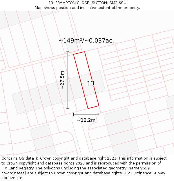 13, FRAMPTON CLOSE, SUTTON, SM2 6SU: Plot and title map