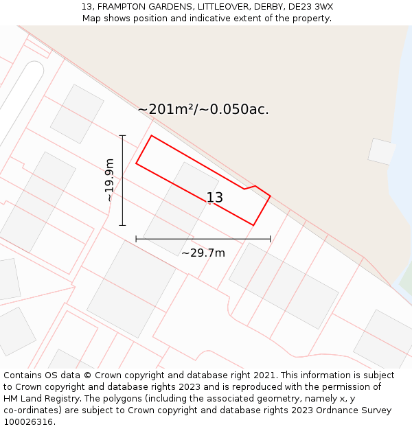 13, FRAMPTON GARDENS, LITTLEOVER, DERBY, DE23 3WX: Plot and title map