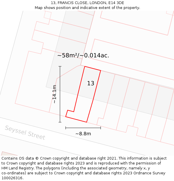 13, FRANCIS CLOSE, LONDON, E14 3DE: Plot and title map