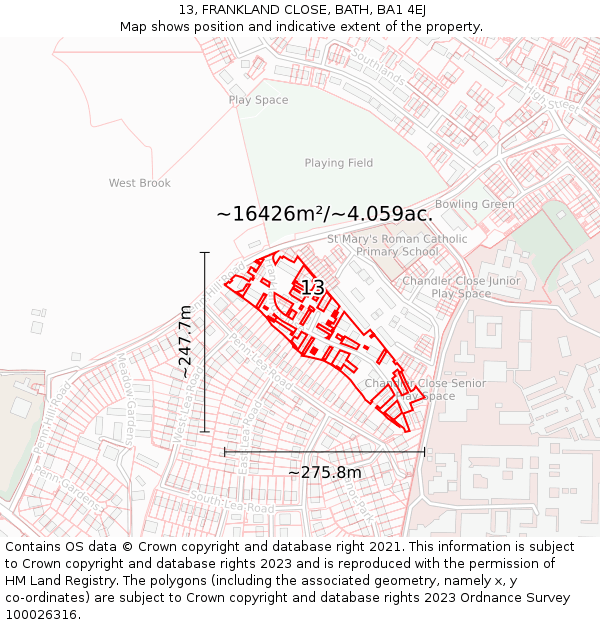 13, FRANKLAND CLOSE, BATH, BA1 4EJ: Plot and title map