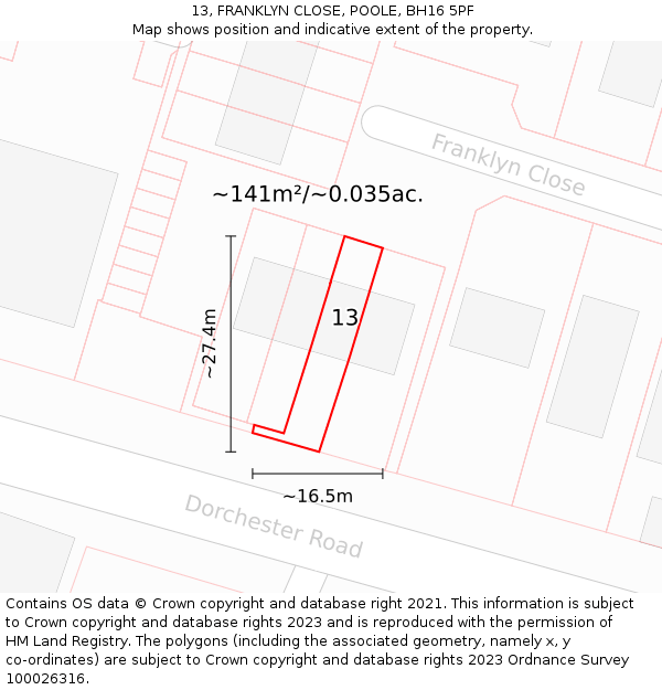 13, FRANKLYN CLOSE, POOLE, BH16 5PF: Plot and title map